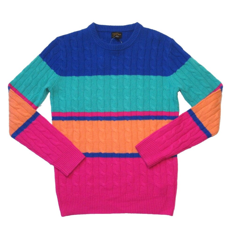 NWT J.Crew Men's Cashmere Cable-knit Sweater in Bright Multi Stripe Pullover XS - Picture 2 of 6